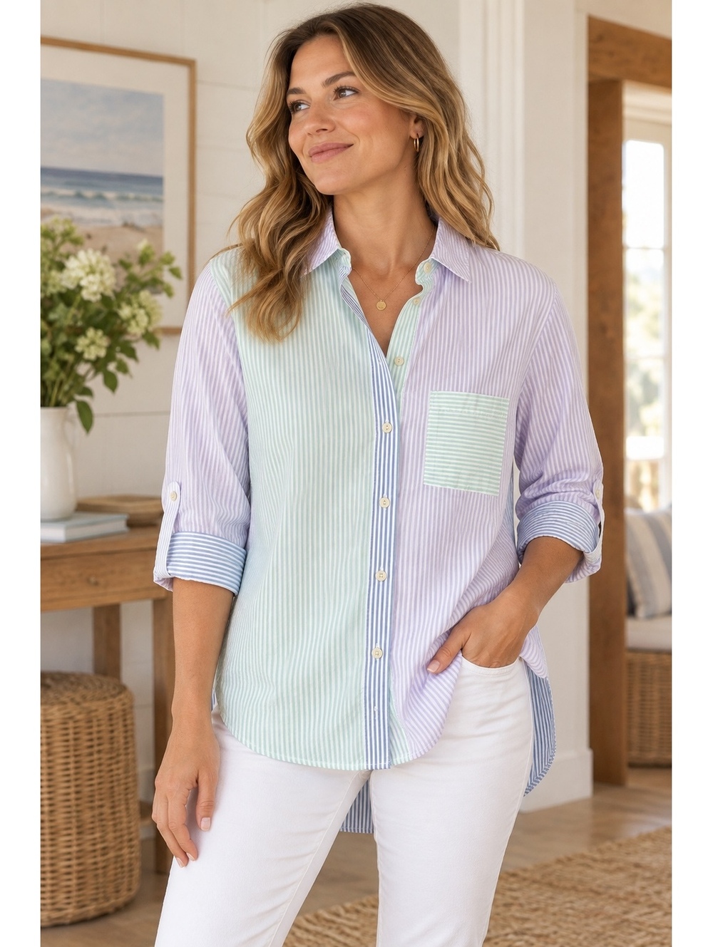 Seersucker Striped Button Up Shirt Time and Tru Pastel Colorblock Medium